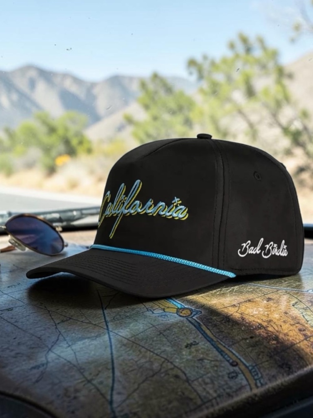 NWT Bad Birdie California Script Rope Golf Hat Black Blue Snapback Adjustable